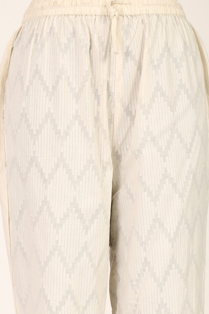 Off White Thread Embroidered Pure Cotton Flared Kurta with Pants and Dupatta Set