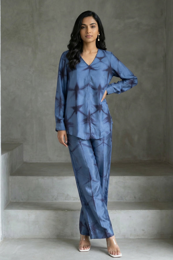 Blue Shibori Printed Satin Straight Top with Pants Co-ord Set