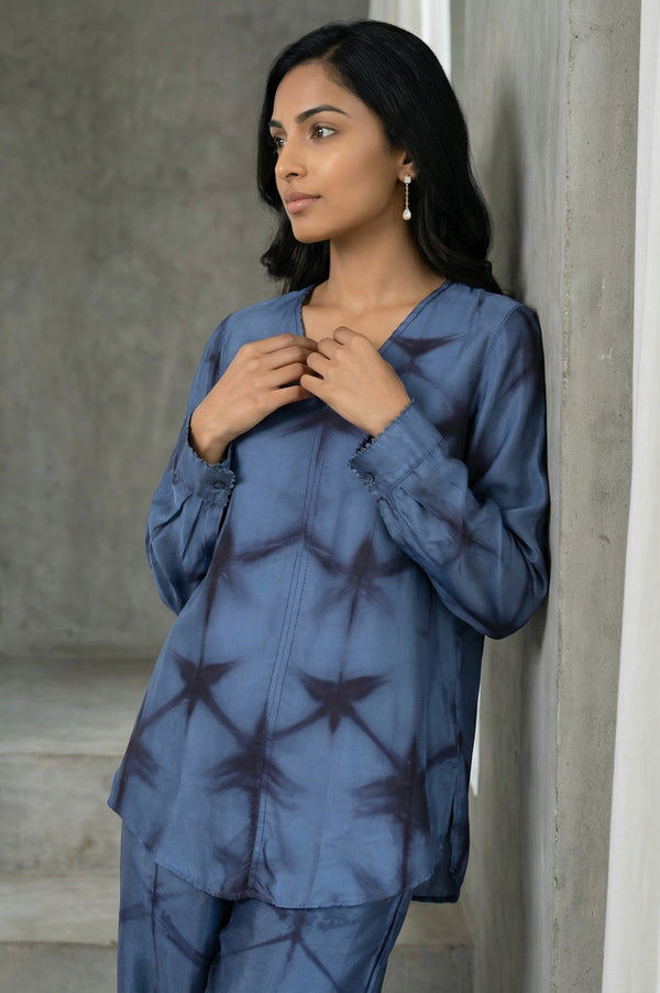 Blue Shibori Printed Satin Straight Top with Pants Co-ord Set