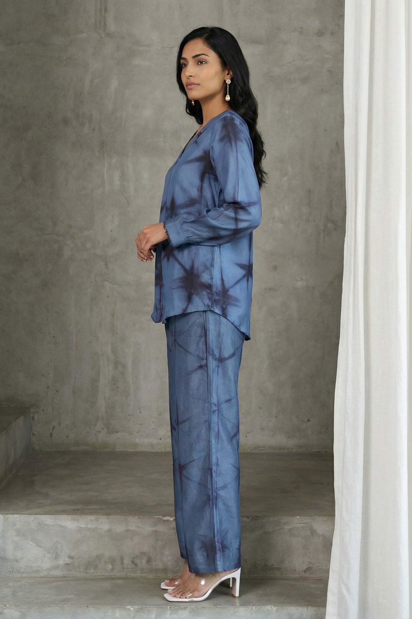 Blue Shibori Printed Satin Straight Top with Pants Co-ord Set