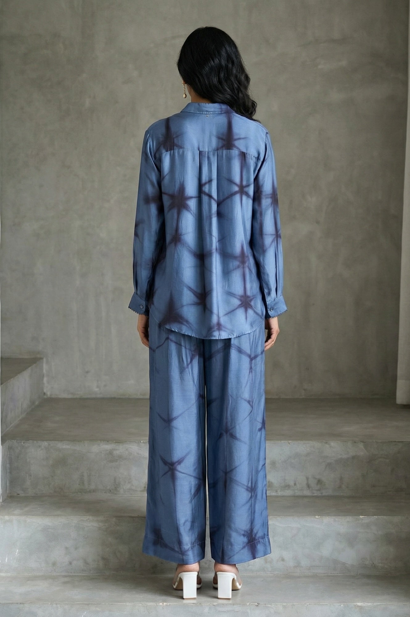 Blue Shibori Printed Satin Straight Top with Pants Co-ord Set