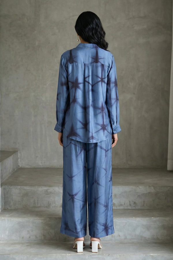 Blue Shibori Printed Satin Straight Top with Pants Co-ord Set
