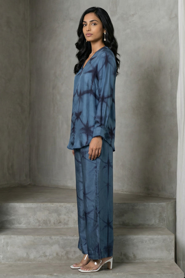 Blue Shibori Printed Satin Straight Top with Pants Co-ord Set