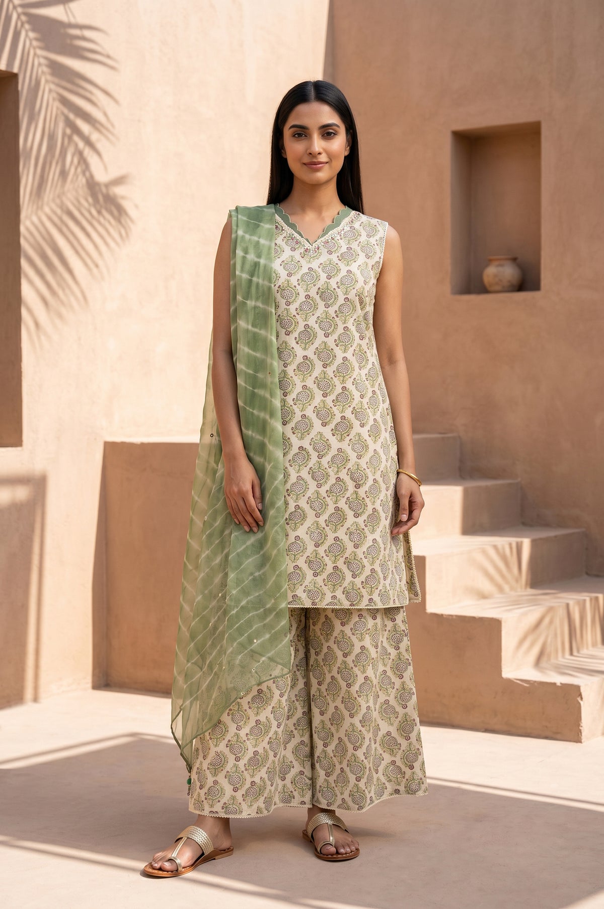 Cream Block Printed Pure Cotton Straight Kurta With Palazzo And Dupatta Set - XS