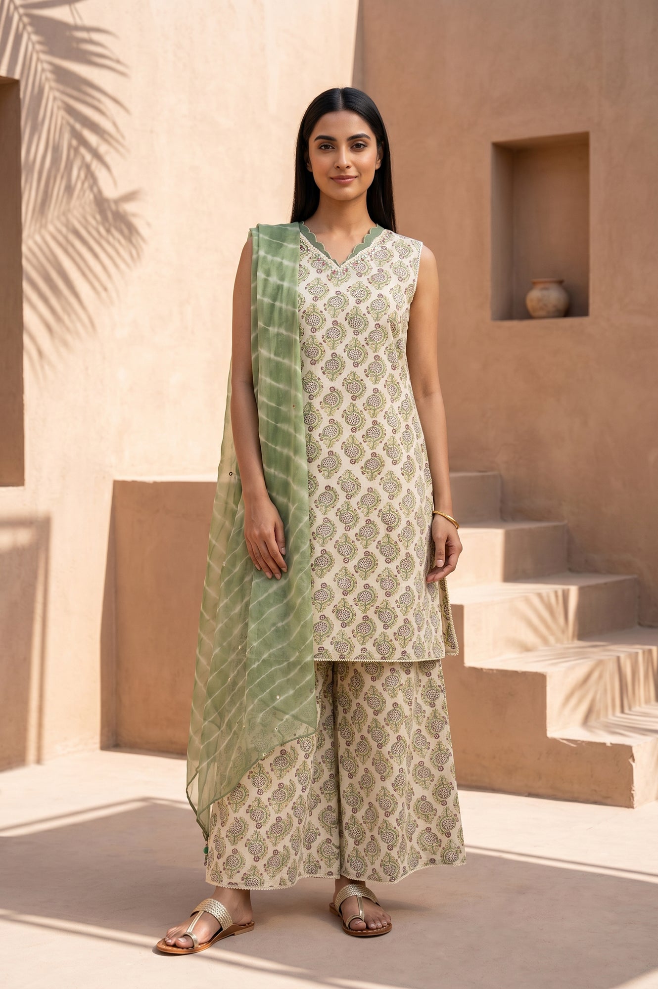 Cream Block Printed Pure Cotton Straight Kurta With Palazzo And Dupatta Set