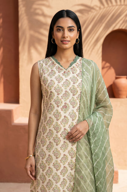Cream Block Printed Pure Cotton Straight Kurta With Palazzo And Dupatta Set