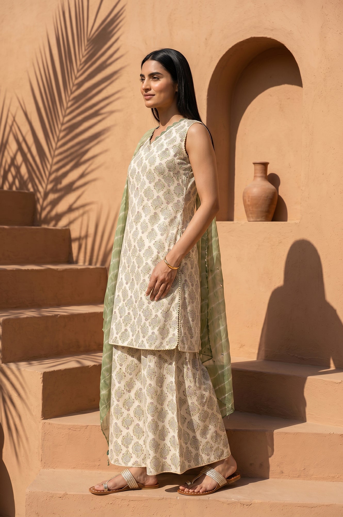 Cream Block Printed Pure Cotton Straight Kurta With Palazzo And Dupatta Set