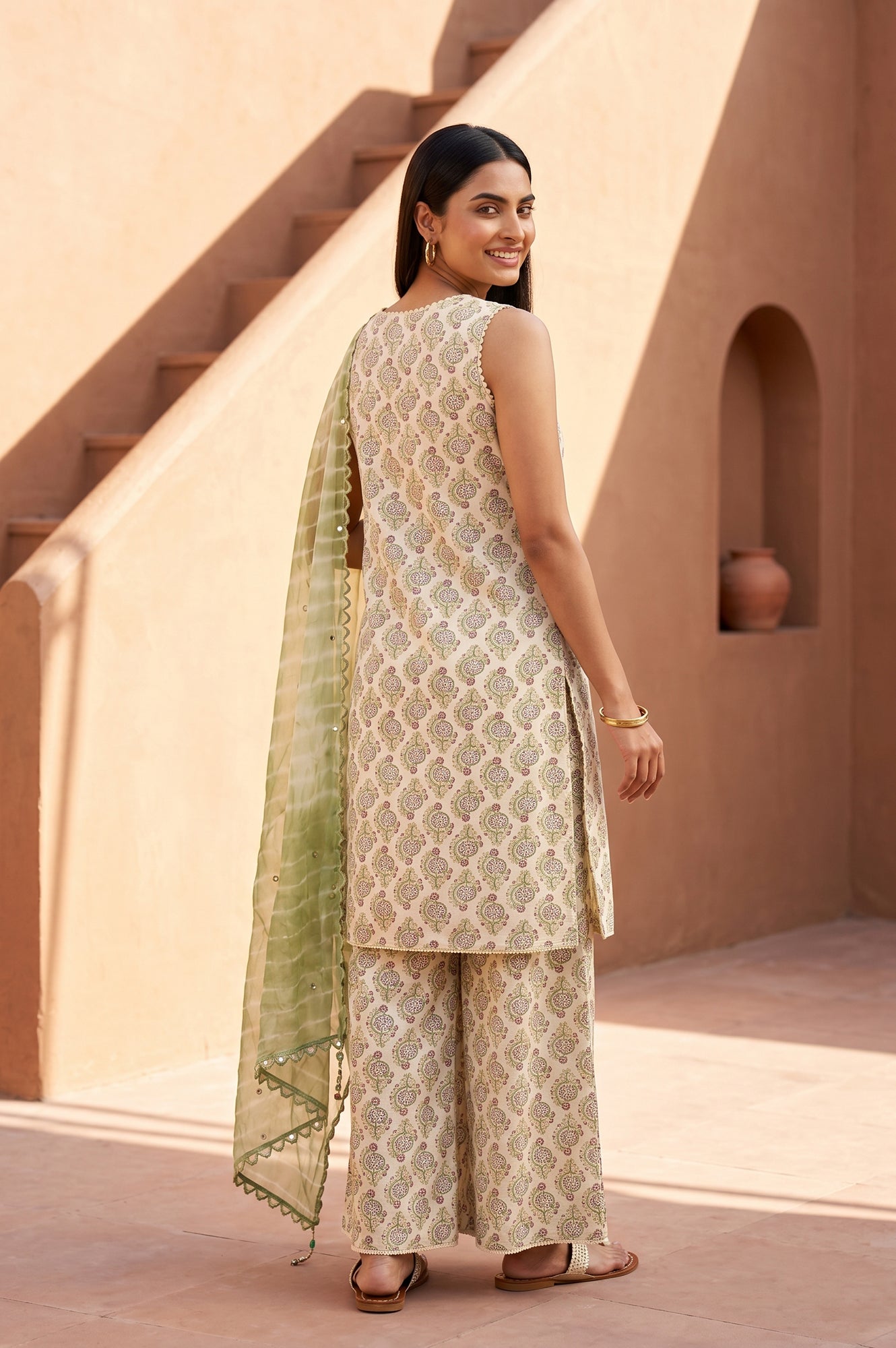 Cream Block Printed Pure Cotton Straight Kurta With Palazzo And Dupatta Set