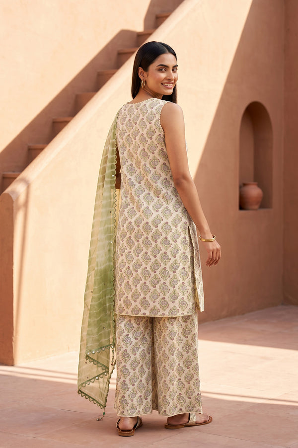 Cream Block Printed Pure Cotton Straight Kurta With Palazzo And Dupatta Set