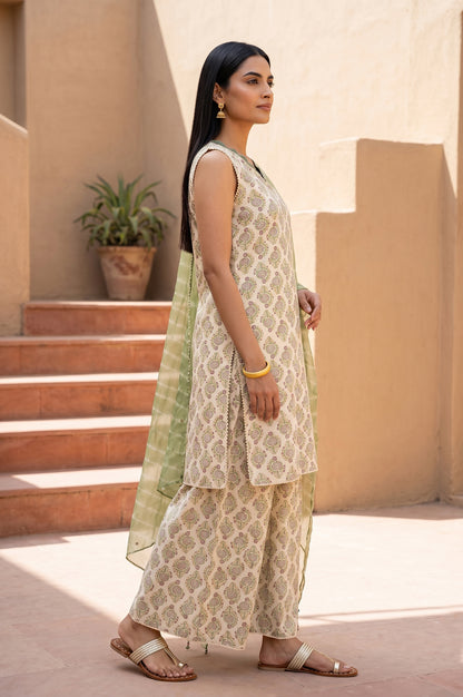 Cream Block Printed Pure Cotton Straight Kurta With Palazzo And Dupatta Set