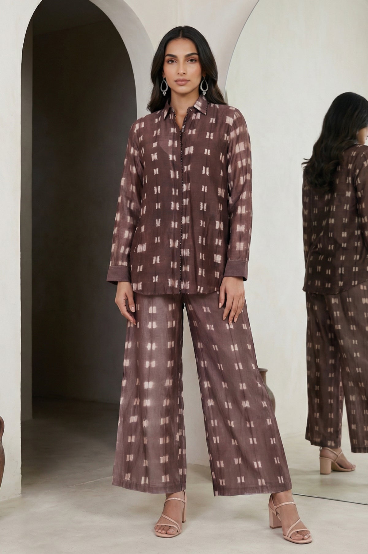 Brown Shibori Printed Cotton Blend Straight Top with Parallel Pants Co-ord Set - S