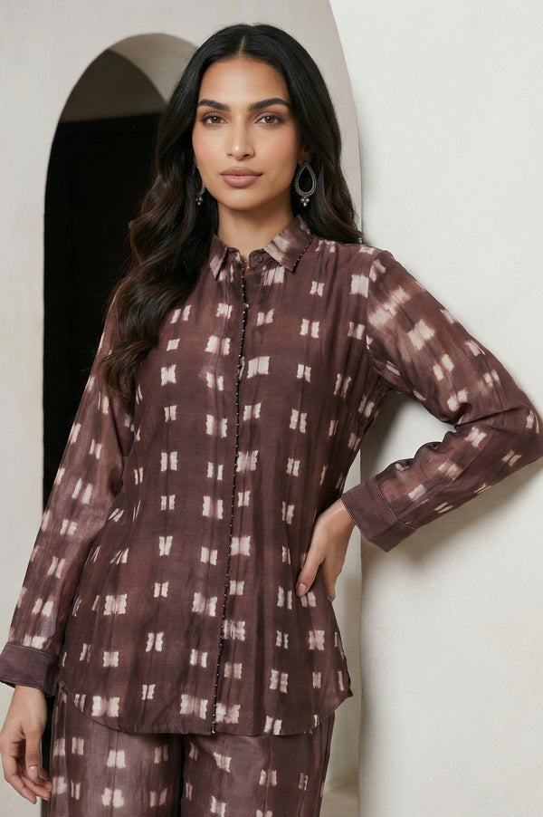 Brown Shibori Printed Cotton Blend Straight Top with Parallel Pants Co-ord Set