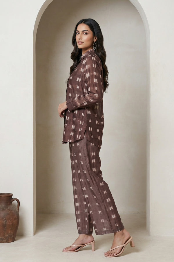 Brown Shibori Printed Cotton Blend Straight Top with Parallel Pants Co-ord Set