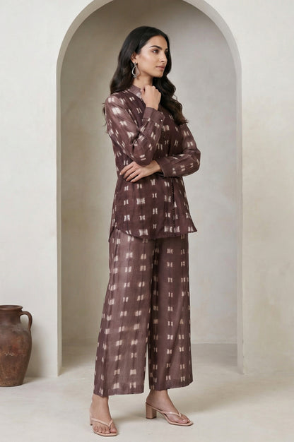Brown Shibori Printed Cotton Blend Straight Top with Parallel Pants Co-ord Set