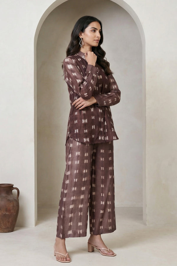 Brown Shibori Printed Cotton Blend Straight Top with Parallel Pants Co-ord Set