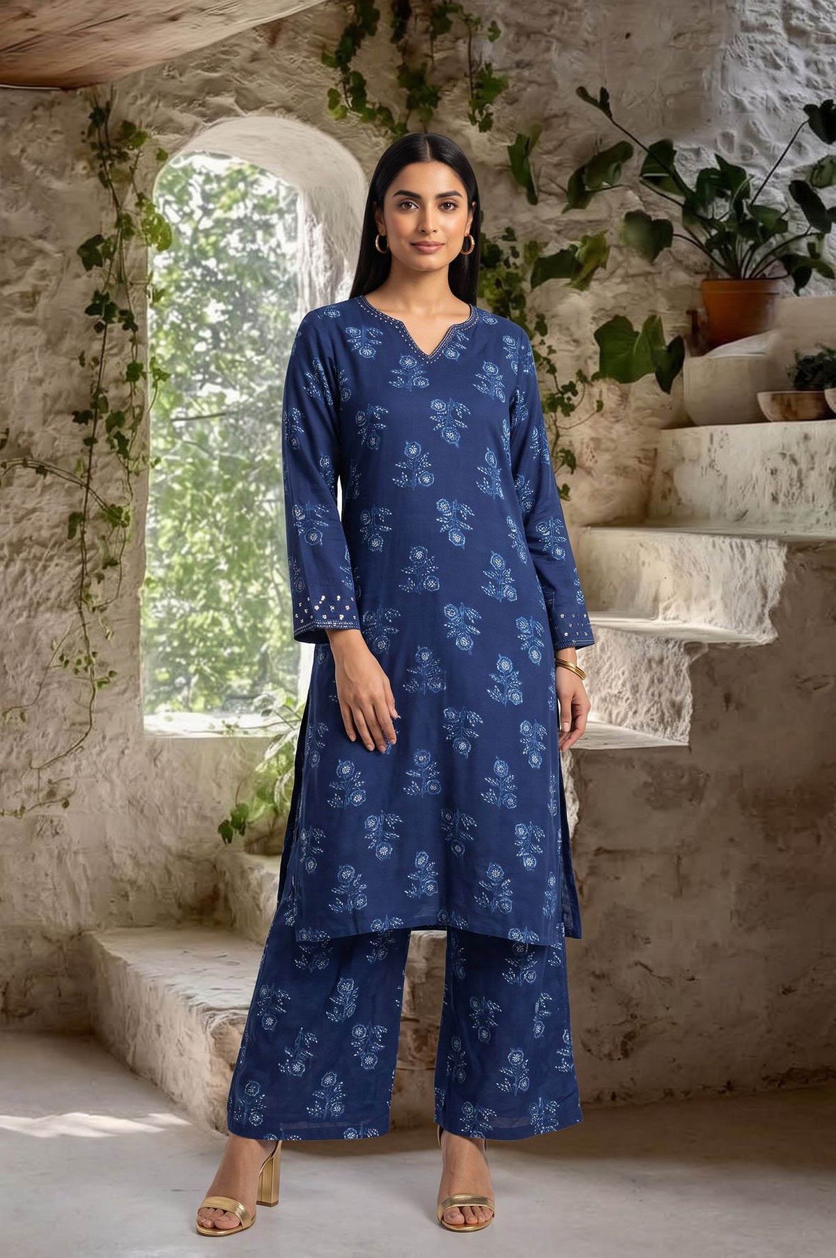 Navy Blue Block Printed Modal Satin Straight Kurta with Parallel Pants Set