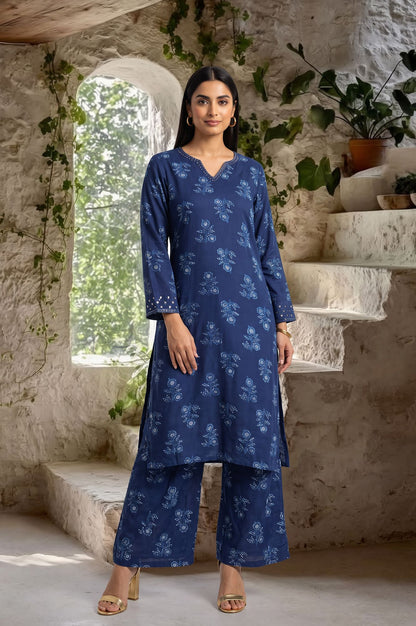 Navy Blue Block Printed Modal Satin Straight Kurta with Parallel Pants Set