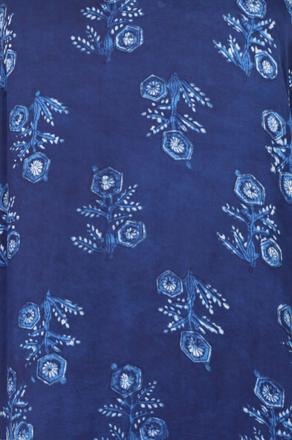 Navy Blue Block Printed Modal Satin Straight Kurta with Parallel Pants Set