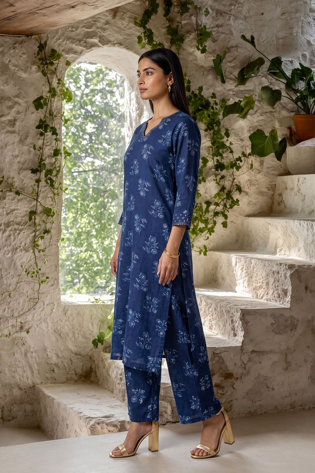 Navy Blue Block Printed Modal Satin Straight Kurta with Parallel Pants Set