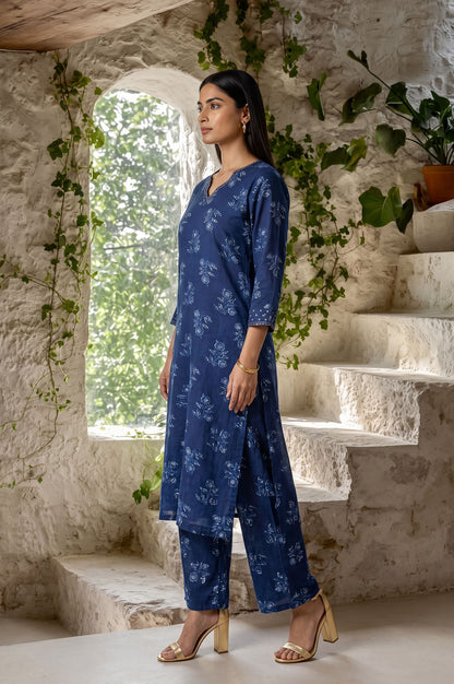 Navy Blue Block Printed Modal Satin Straight Kurta with Parallel Pants Set