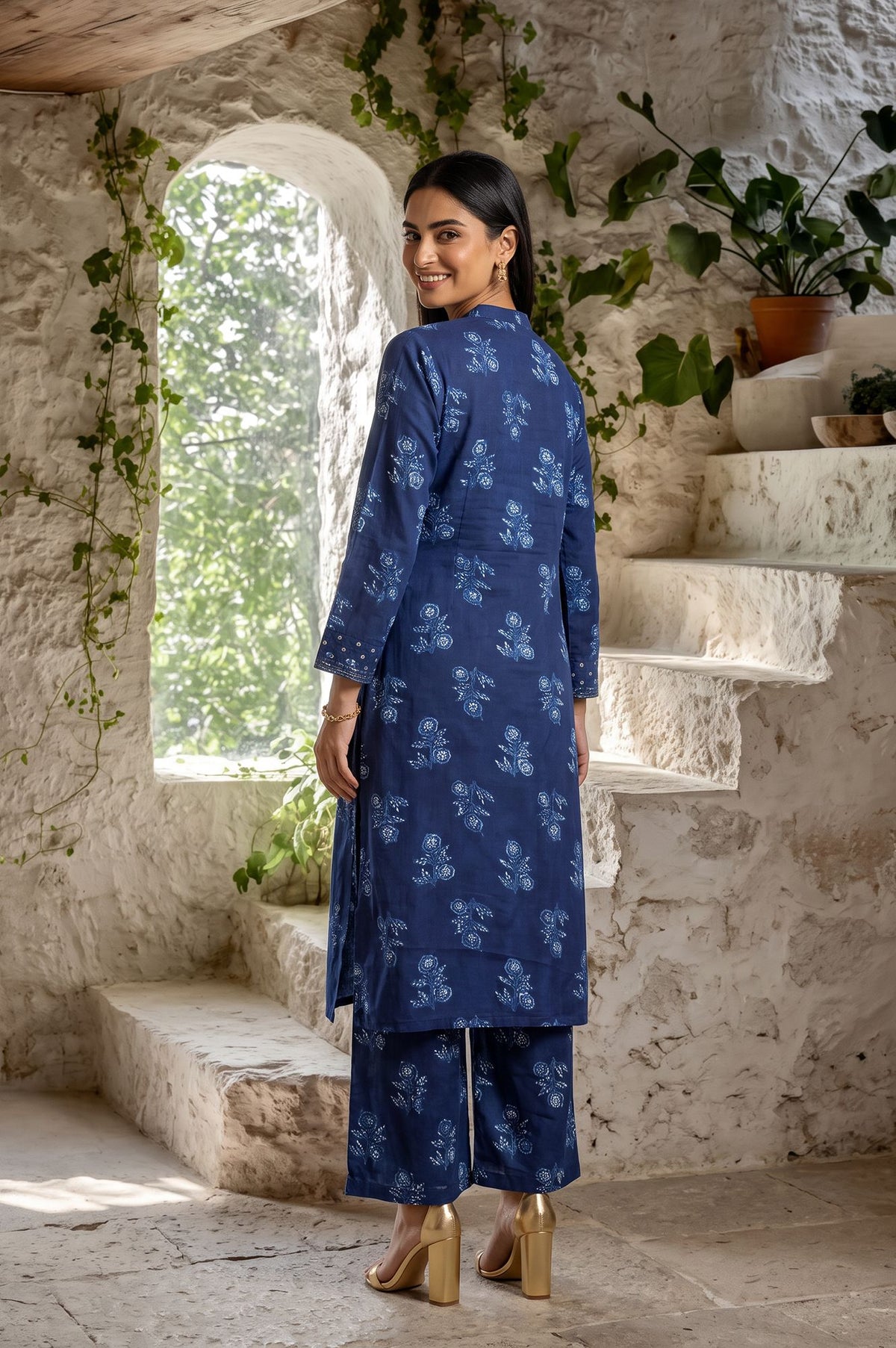Navy Blue Block Printed Modal Satin Straight Kurta with Parallel Pants Set