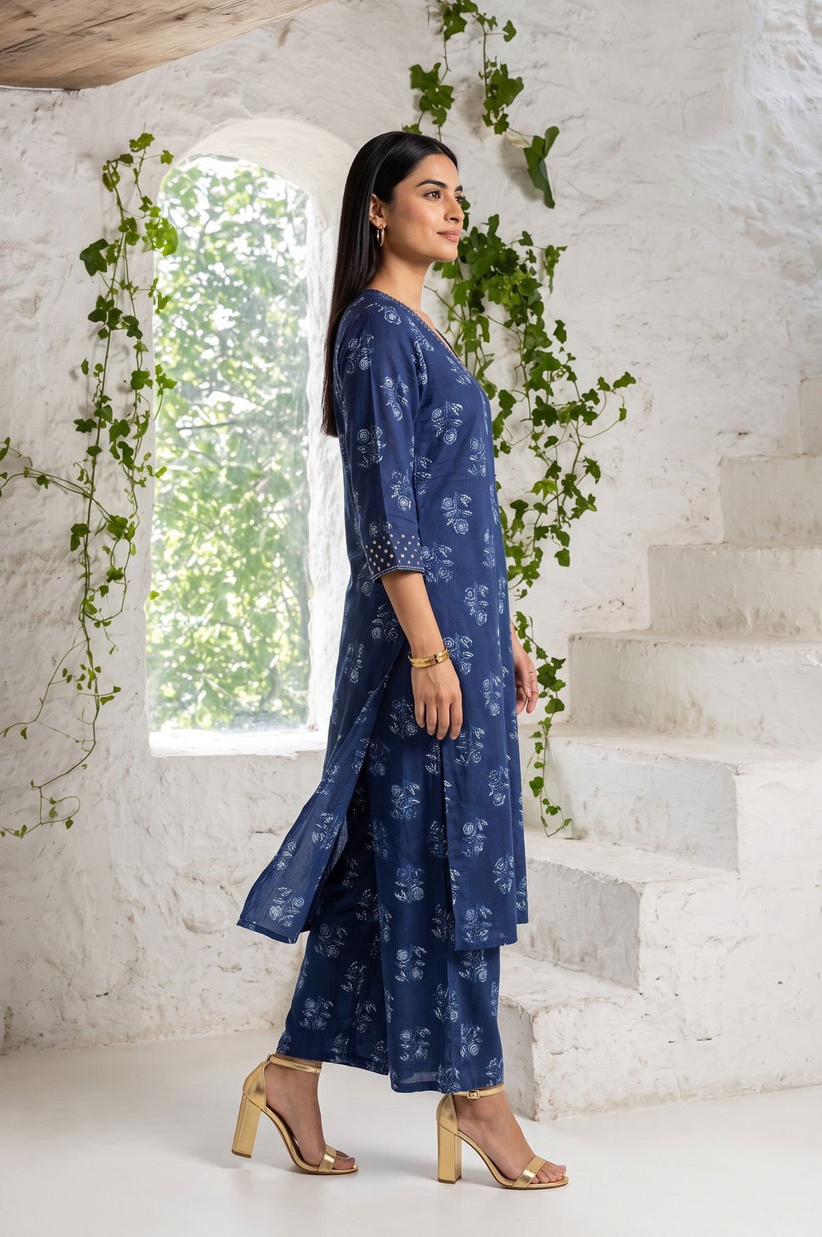 Navy Blue Block Printed Modal Satin Straight Kurta with Parallel Pants Set