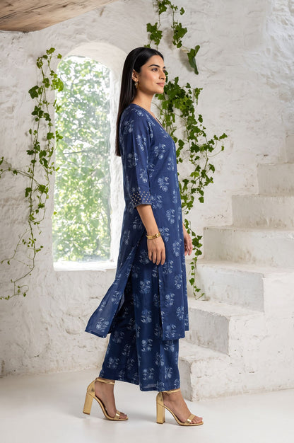 Navy Blue Block Printed Modal Satin Straight Kurta with Parallel Pants Set