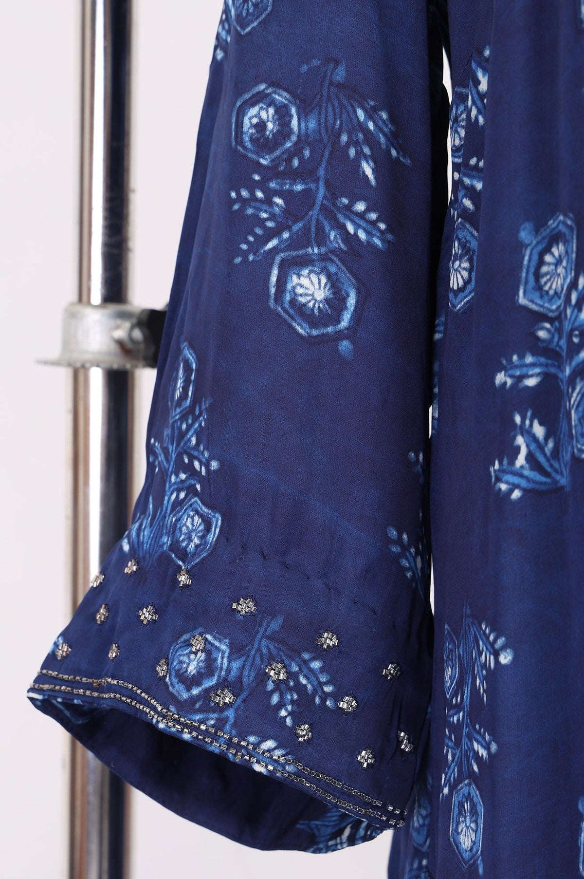 Navy Blue Block Printed Modal Satin Straight Kurta with Parallel Pants Set