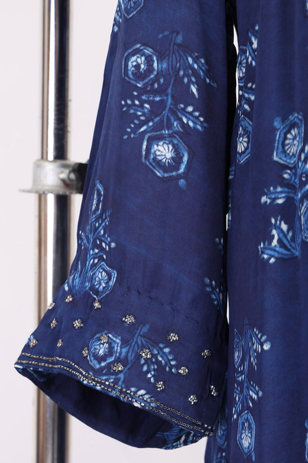 Navy Blue Block Printed Modal Satin Straight Kurta with Parallel Pants Set