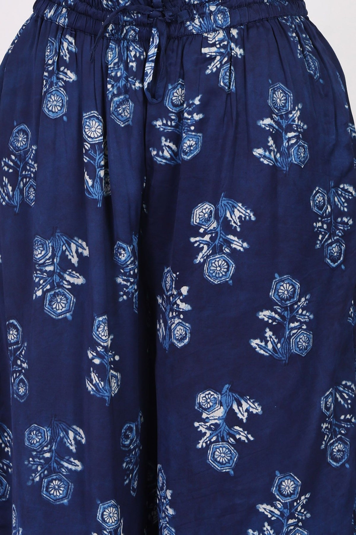 Navy Blue Block Printed Modal Satin Straight Kurta with Parallel Pants Set