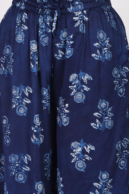 Navy Blue Block Printed Modal Satin Straight Kurta with Parallel Pants Set