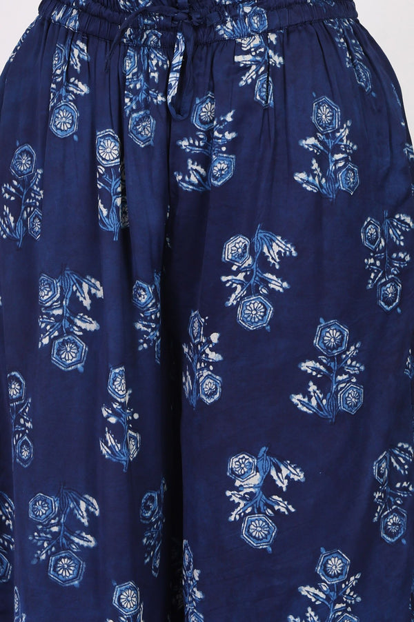 Navy Blue Block Printed Modal Satin Straight Kurta with Parallel Pants Set