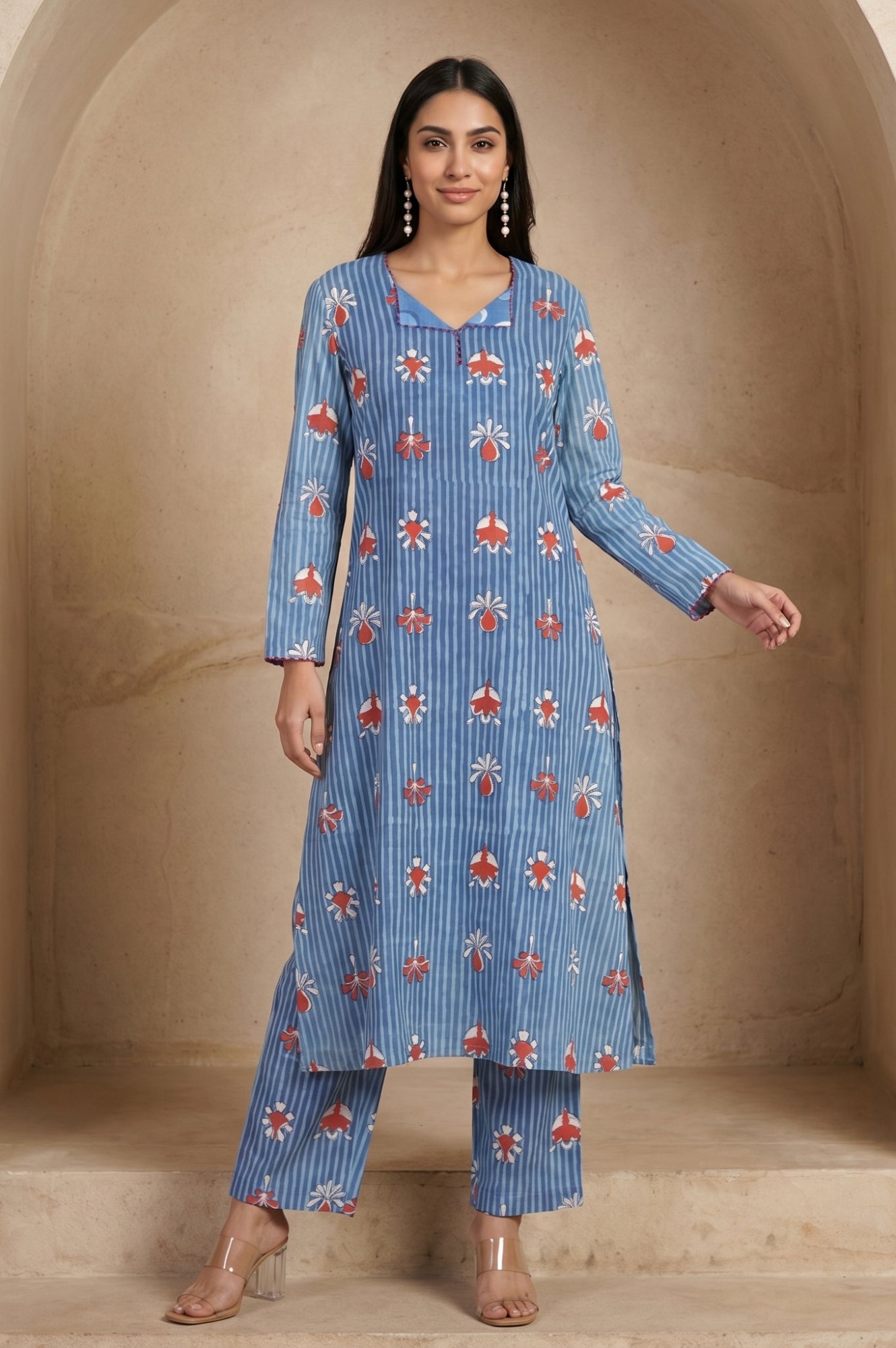 Blue Floral Printed Pure Cotton Straight Kurta with Straight Pants Set