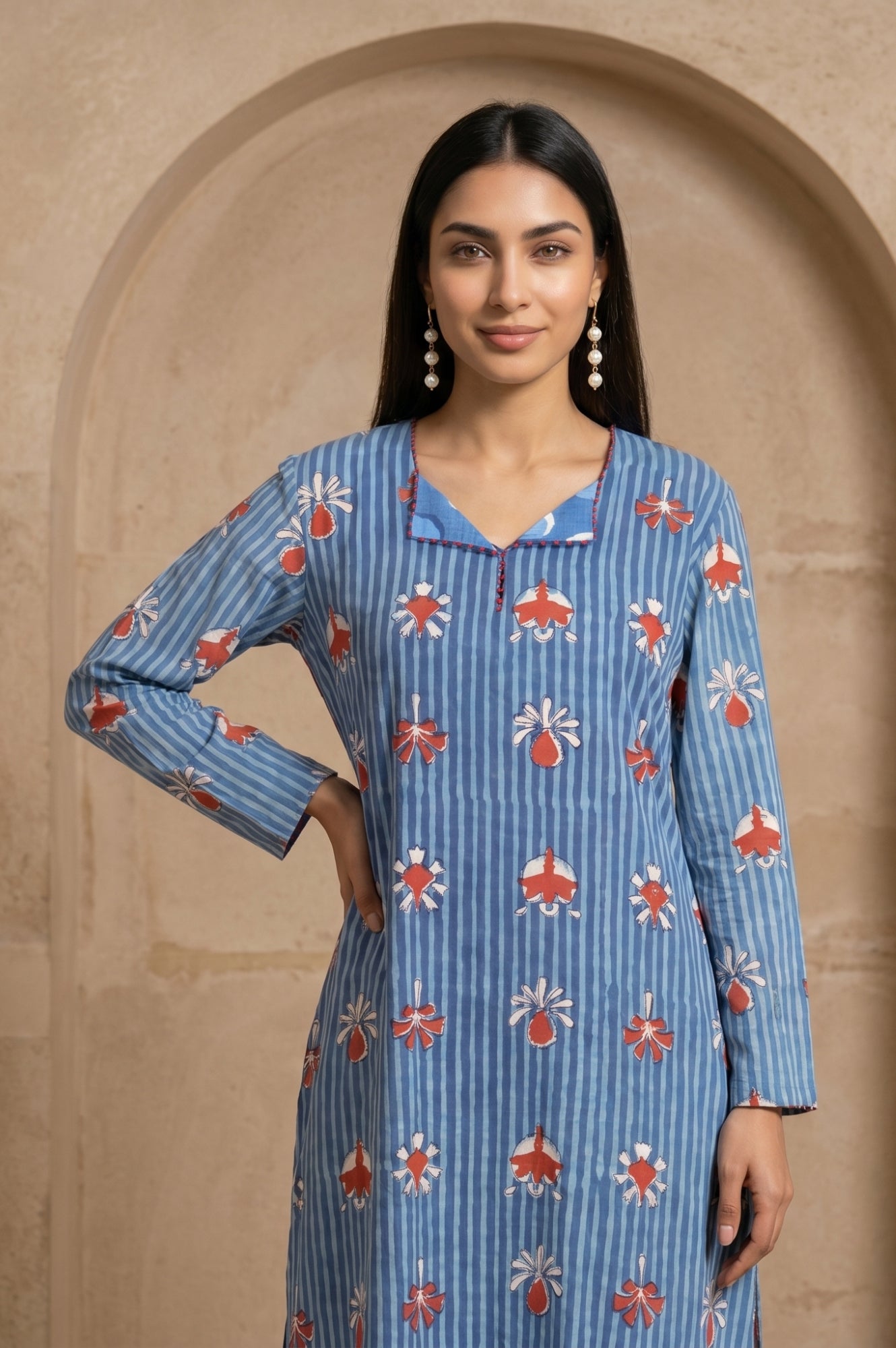 Blue Floral Printed Pure Cotton Straight Kurta with Straight Pants Set