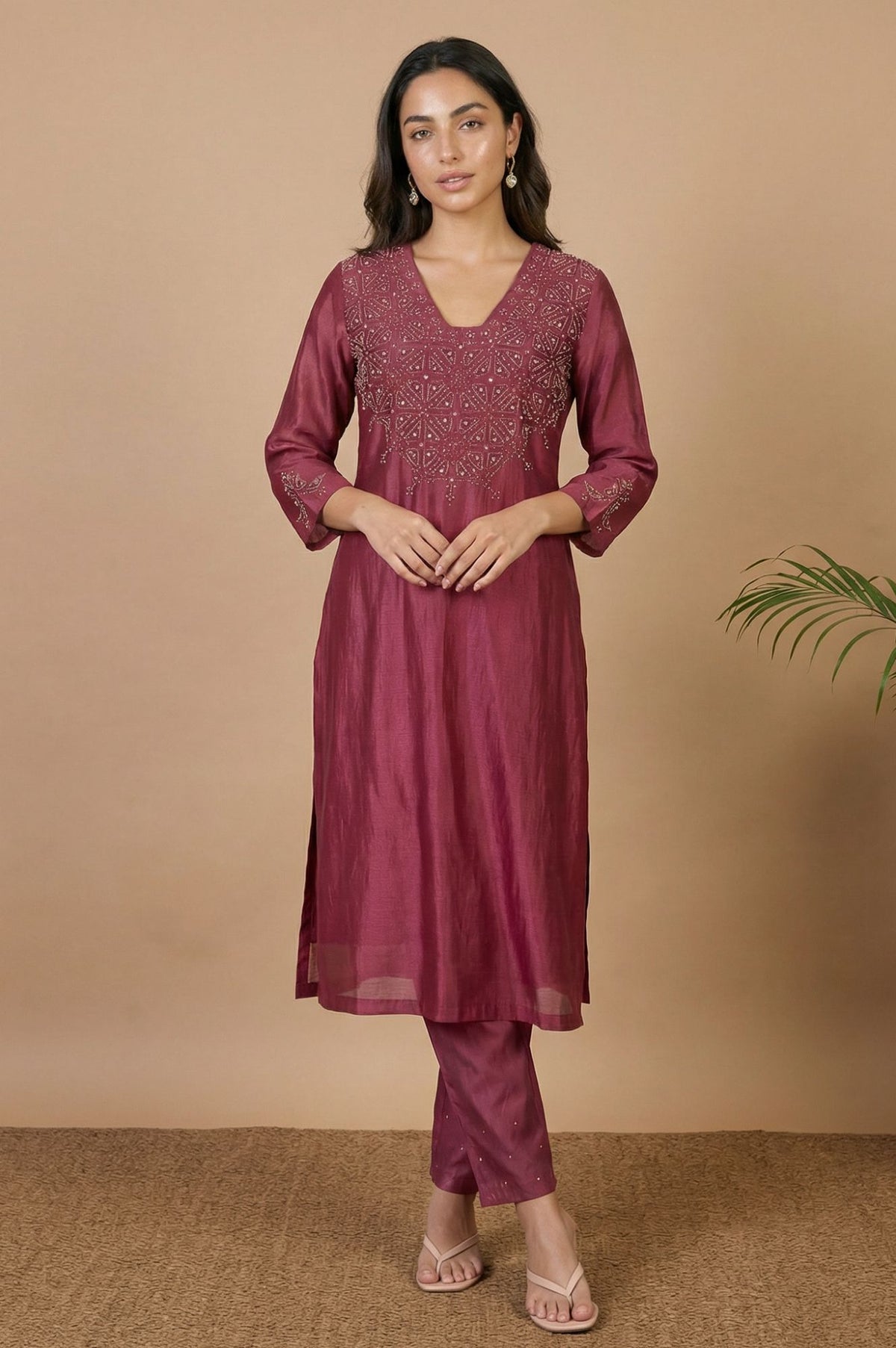 Purple Embroidered Cotton Silk Straight Kurta with Pants and Dupatta Set