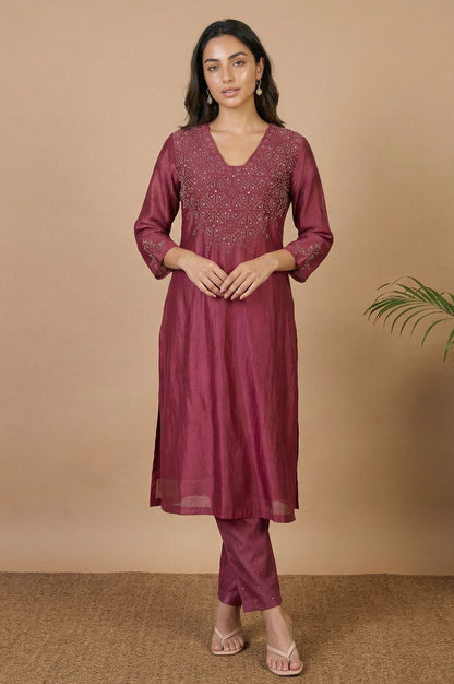 Purple Embroidered Cotton Silk Straight Kurta with Pants and Dupatta Set