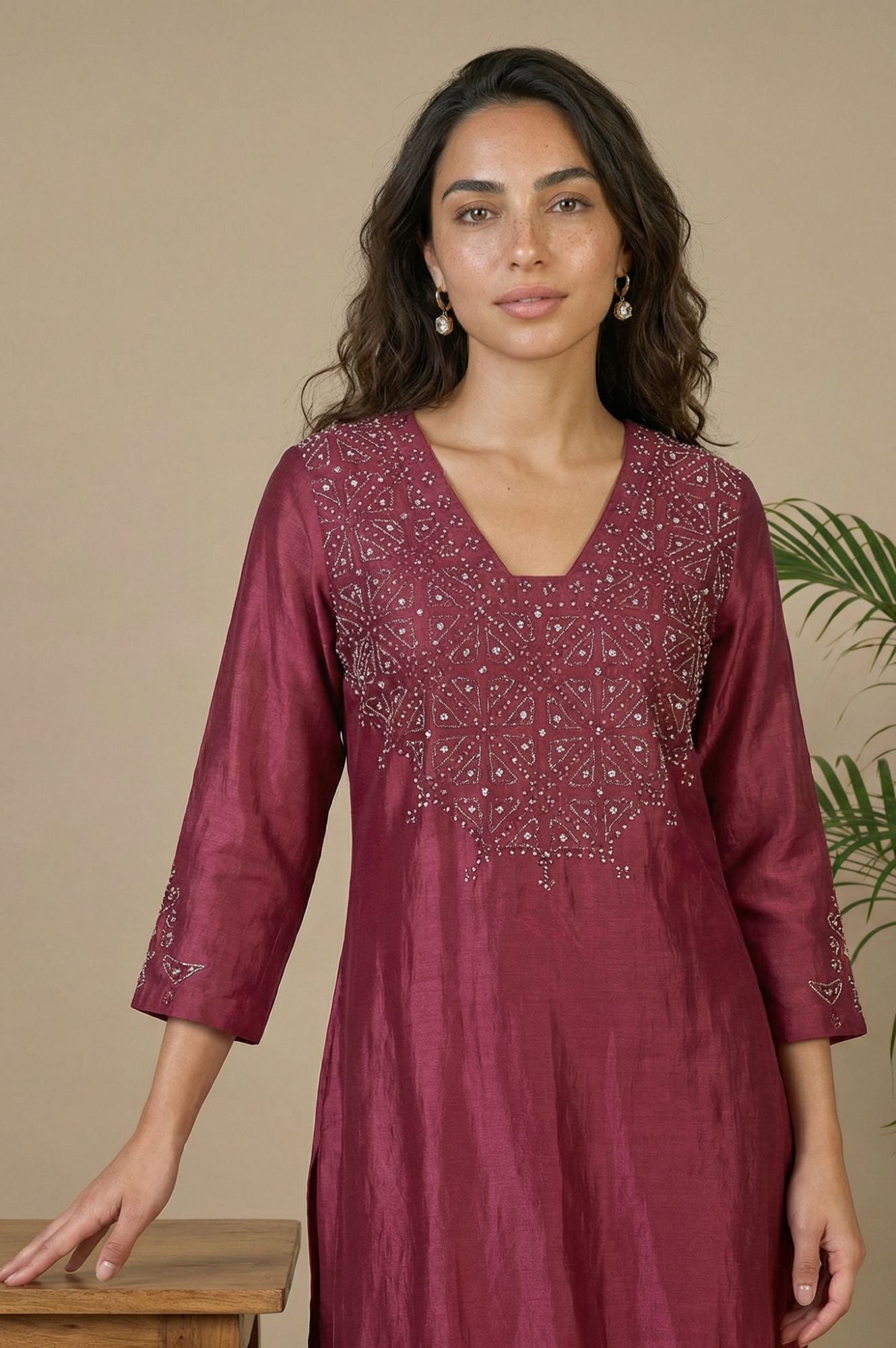 Purple Embroidered Cotton Silk Straight Kurta with Pants and Dupatta Set