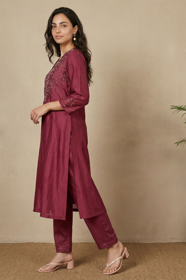 Purple Embroidered Cotton Silk Straight Kurta with Pants and Dupatta Set