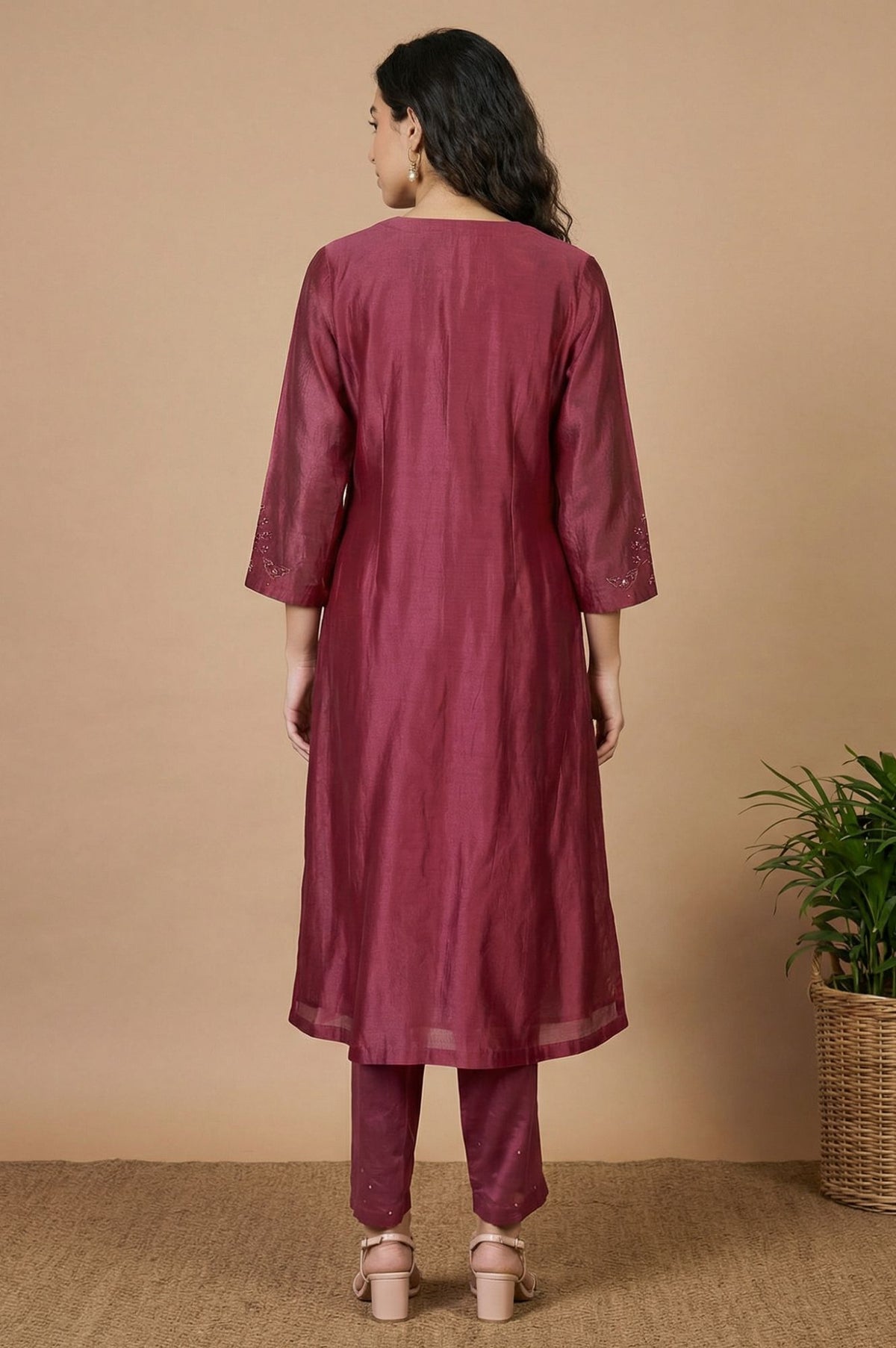Purple Embroidered Cotton Silk Straight Kurta with Pants and Dupatta Set