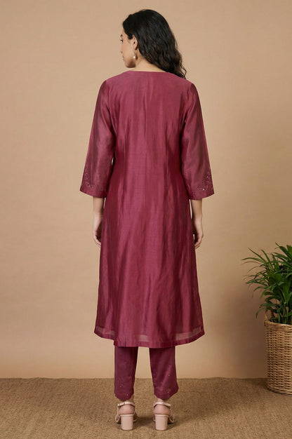 Purple Embroidered Cotton Silk Straight Kurta with Pants and Dupatta Set