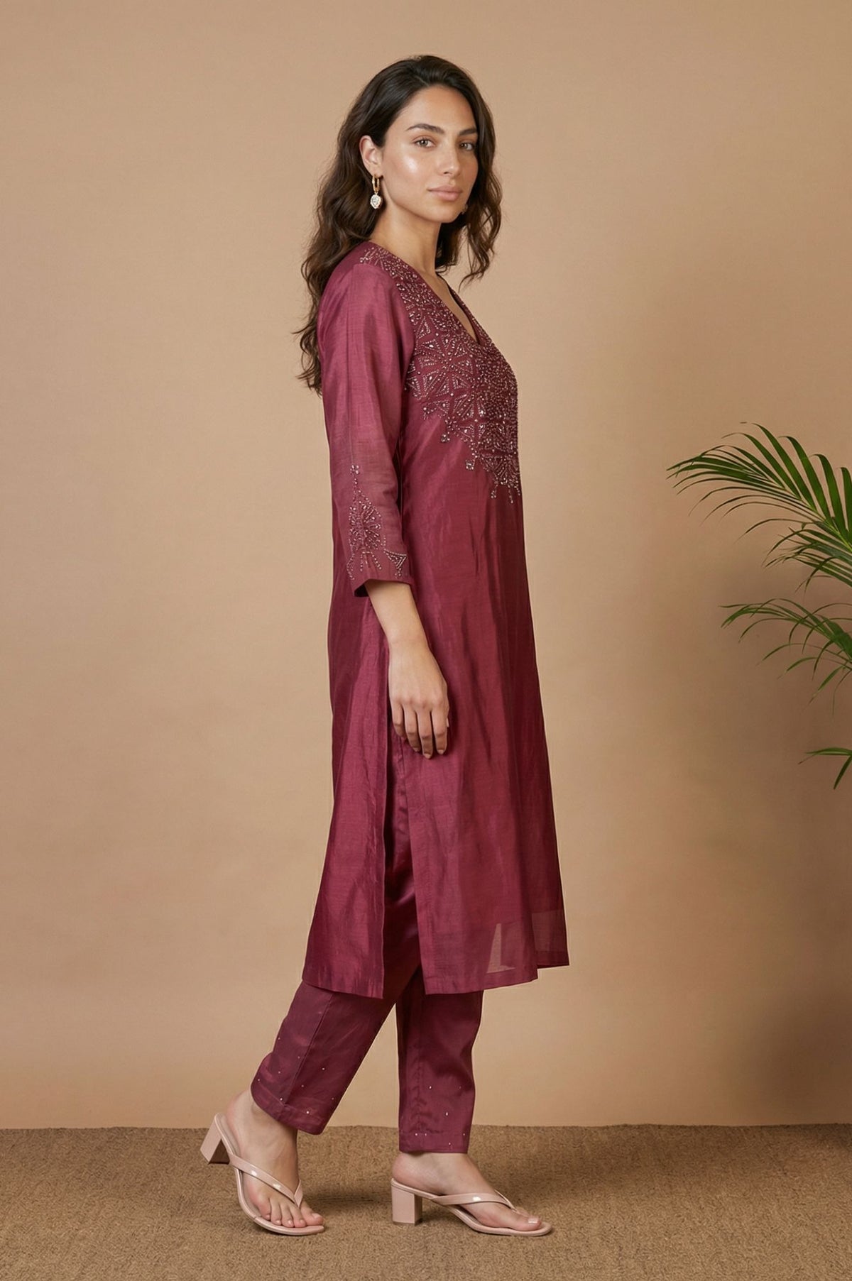Purple Embroidered Cotton Silk Straight Kurta with Pants and Dupatta Set