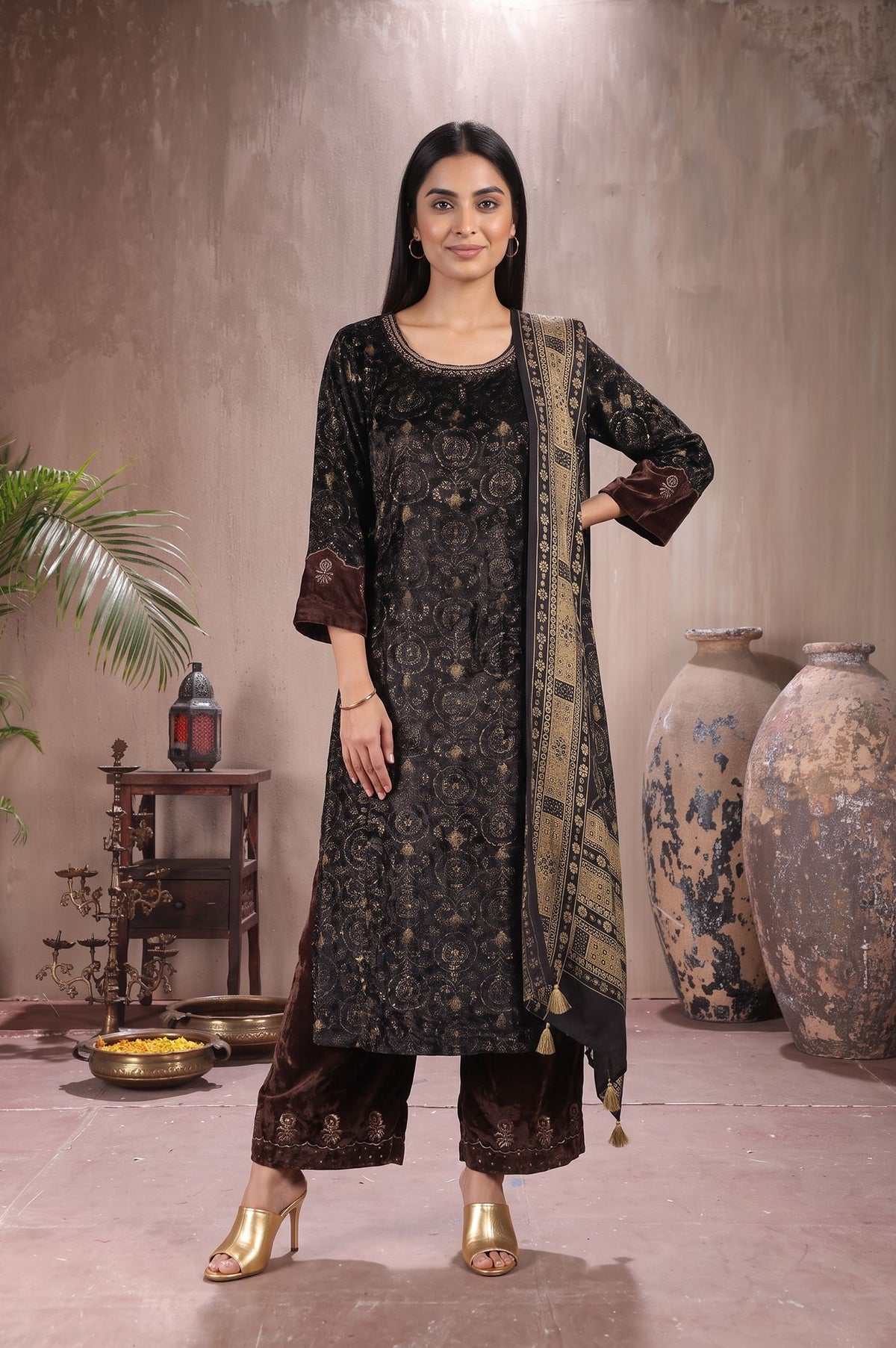 Black Ajrak Printed Modal Satin Velvet Straight Kurta with Parallel Pants and Dupatta Set