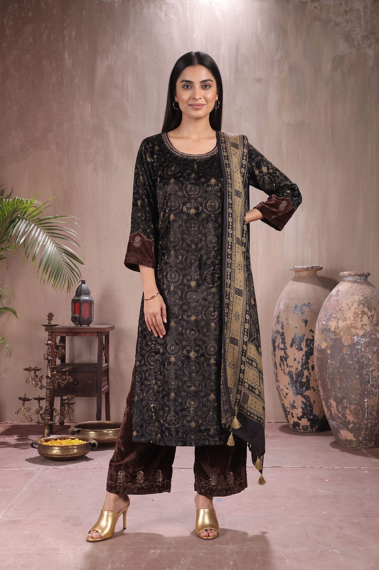 Black Ajrak Printed Modal Satin Velvet Straight Kurta with Parallel Pants and Dupatta Set