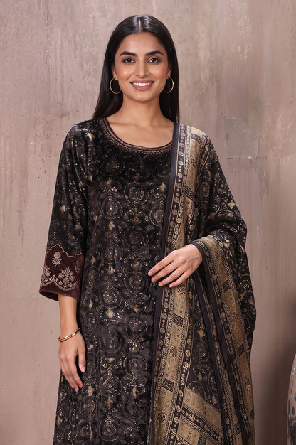 Black Ajrak Printed Modal Satin Velvet Straight Kurta with Parallel Pants and Dupatta Set