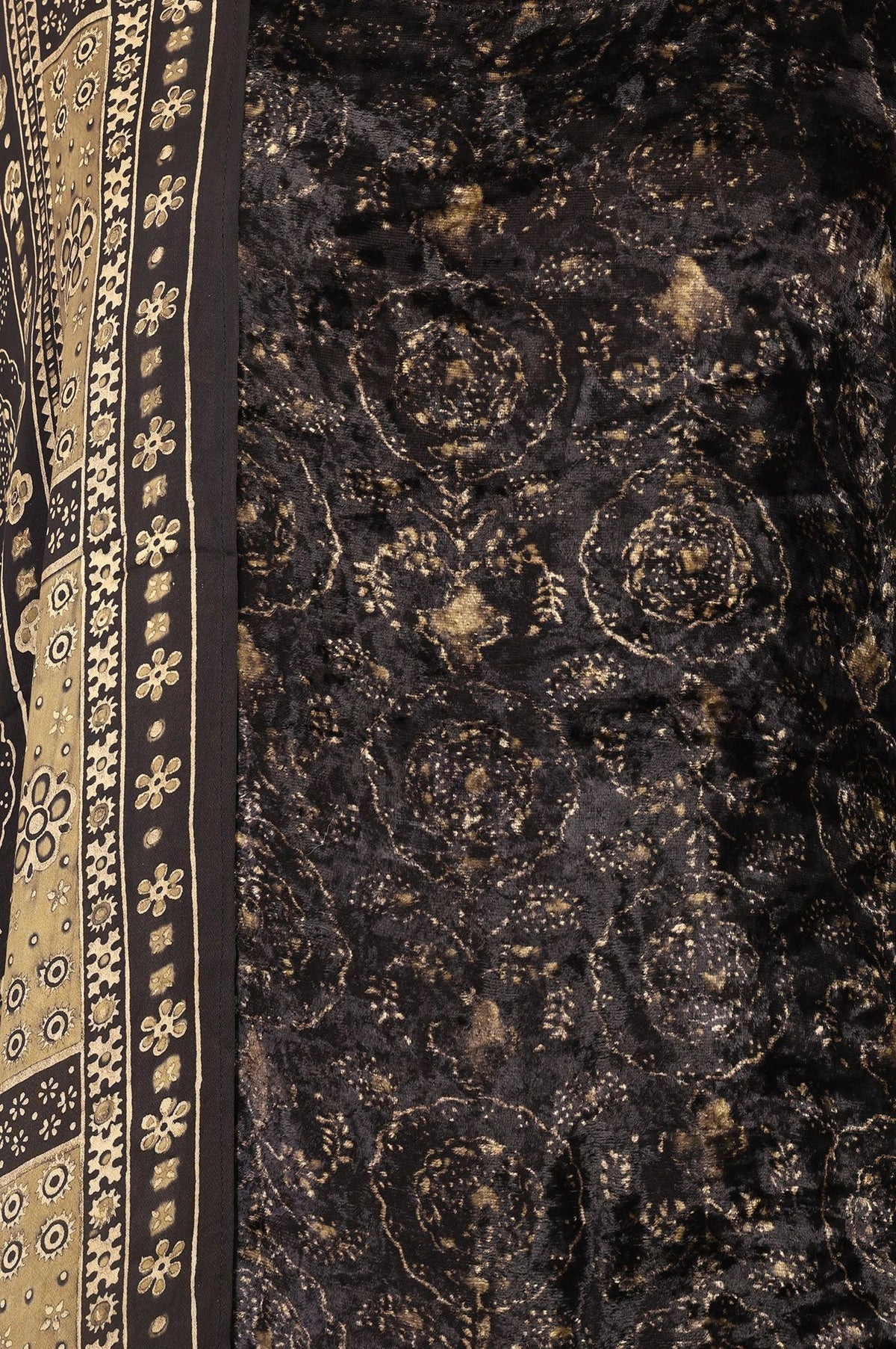Black Ajrak Printed Modal Satin Velvet Straight Kurta with Parallel Pants and Dupatta Set