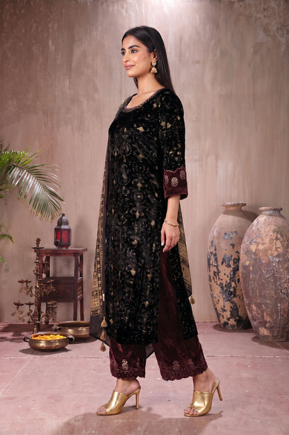 Black Ajrak Printed Modal Satin Velvet Straight Kurta with Parallel Pants and Dupatta Set