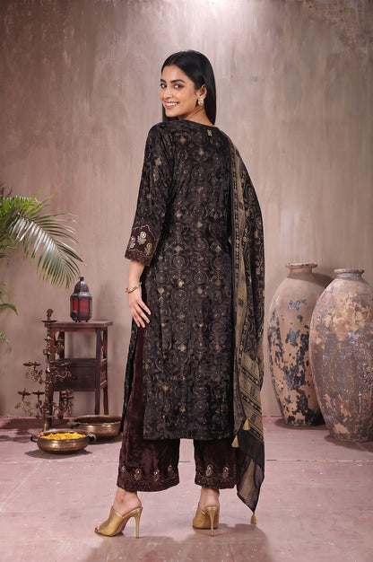 Black Ajrak Printed Modal Satin Velvet Straight Kurta with Parallel Pants and Dupatta Set