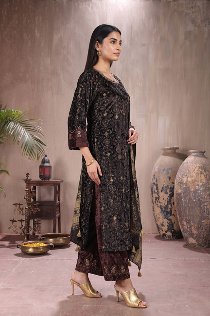 Black Ajrak Printed Modal Satin Velvet Straight Kurta with Parallel Pants and Dupatta Set