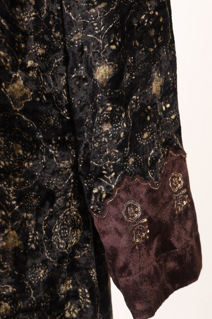 Black Ajrak Printed Modal Satin Velvet Straight Kurta with Parallel Pants and Dupatta Set