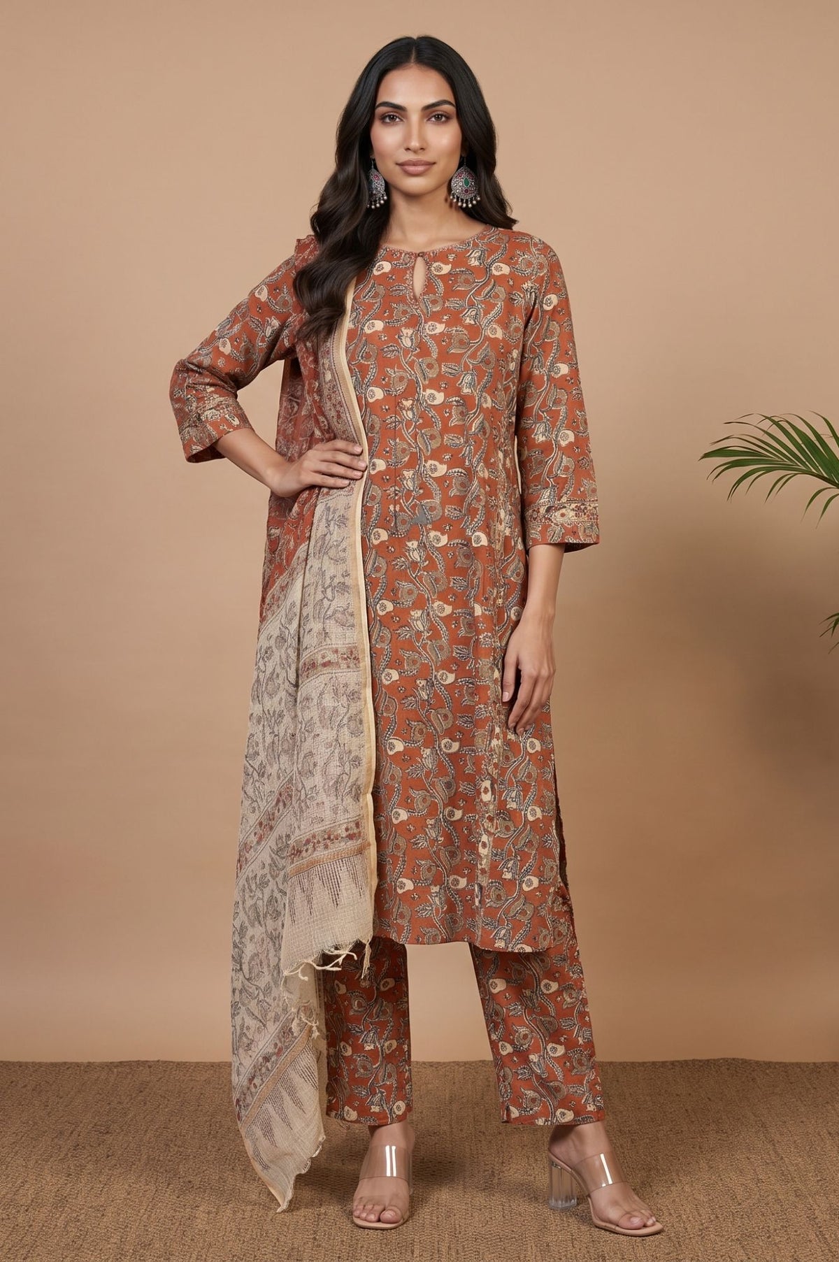 Rust Floral Printed Pure Cotton Straight Kurta with Straight Pants and Dupatta Set